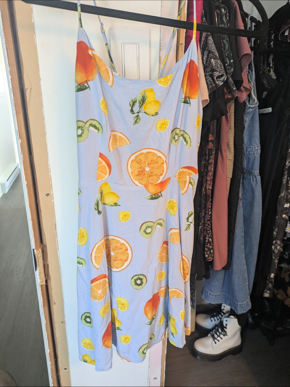Fruit Print Slip Dress in Light Blue with Citrus Motif